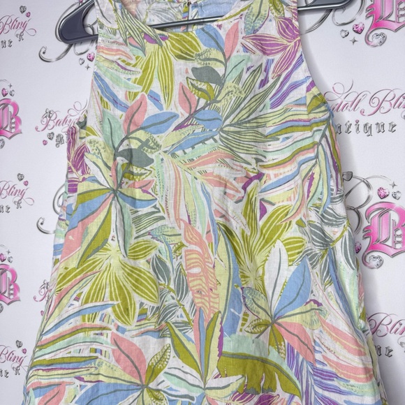 Dress 100% linen floral pastel tropical keyhole button seashell 🐚 pockets luxe - Picture 3 of 13